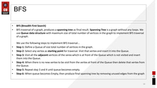 BFS
• BFS (Breadth First Search)
• BFS traversal of a graph, produces a spanning tree as final result. Spanning Tree is a graph without any loops. We
use Queue data structure with maximum size of total number of vertices in the graph to implement BFS traversal
of a graph.
We use the following steps to implement BFS traversal...
• Step 1: Define a Queue of size total number of vertices in the graph.
• Step 2: Select any vertex as starting point for traversal. Visit that vertex and insert it into the Queue.
• Step 3: Visit all the adjacent vertices of the verex which is at front of the Queue which is not visited and insert
them into the Queue.
• Step 4: When there is no new vertex to be visit from the vertex at front of the Queue then delete that vertex from
the Queue.
• Step 5: Repeat step 3 and 4 until queue becomes empty.
• Step 6: When queue becomes Empty, then produce final spanning tree by removing unused edges from the graph
18
 