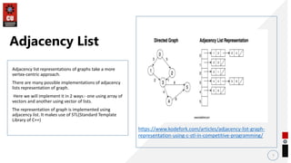 Adjacency list representations of graphs take a more
vertex-centric approach.
There are many possible implementations of adjacency
lists representation of graph.
Here we will implement it in 2 ways:- one using array of
vectors and another using vector of lists.
The representation of graph is implemented using
adjacency list. It makes use of STL(Standard Template
Library of C++)
7
Adjacency List
https://www.kodefork.com/articles/adjacency-list-graph-
representation-using-c-stl-in-competitive-programming/
• .
 