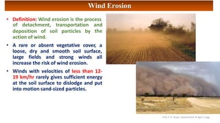 Wind Erosion
• Definition: Wind erosion is the process
deposition of soil particles by
of detachment, transportation and
the
action of wind.
• A rare or absent vegetative cover, a
loose, dry and smooth soil surface,
large fields and strong winds all
increase the risk of wind erosion.
• Winds with velocities of less than 12-
19 km/hr rarely gives sufficient energy
at the soil surface to dislodge and put
into motion sand-sized particles.
Prof. P. R. Kowe, Department of Agril. Engg.
 