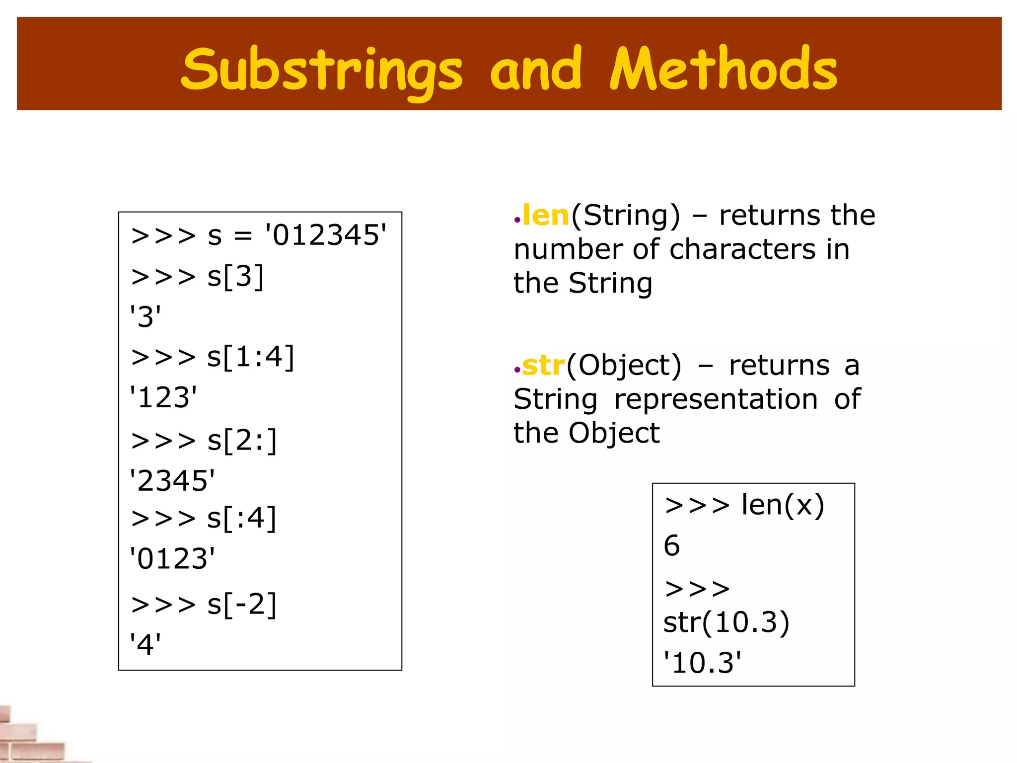 Substrings and Methods
>>> s = '012345'
>>> s[3]
'3'
>>> s[1:4]
'123'
>>> s[2:]
'2345'
>>> s[:4]
'0123'
>>> s[-2]
'4'
•len(String) – returns the
number of characters in
the String
•str(Object) – returns a
String representation of
the Object
>>> len(x)
6
>>>
str(10.3)
'10.3'
 