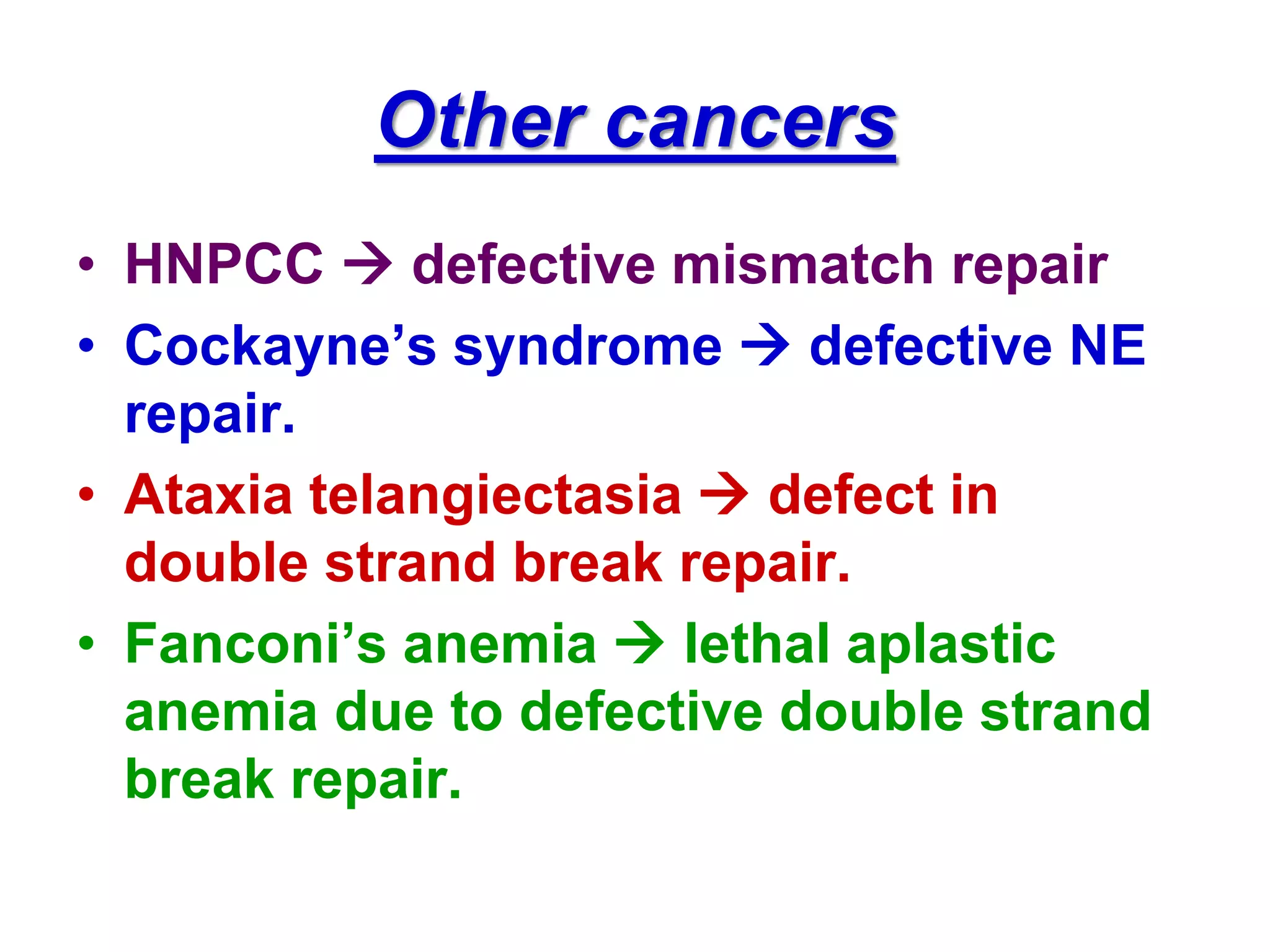 Other cancers
• HNPCC  defective mismatch repair
• Cockayne’s syndrome  defective NE
repair.
• Ataxia telangiectasia  defect in
double strand break repair.
• Fanconi’s anemia  lethal aplastic
anemia due to defective double strand
break repair.
 