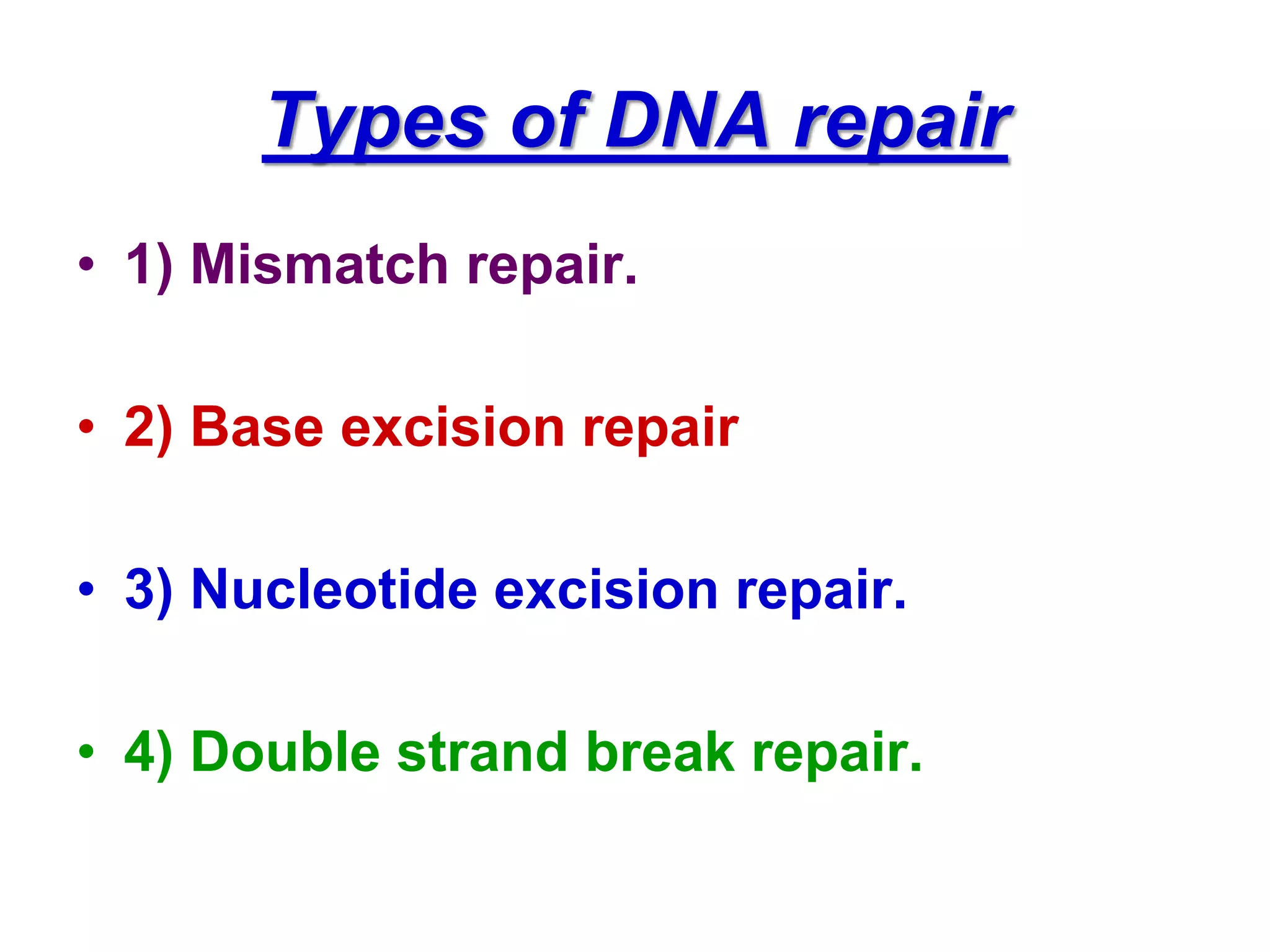 Types of DNA repair
• 1) Mismatch repair.
• 2) Base excision repair
• 3) Nucleotide excision repair.
• 4) Double strand break repair.
 