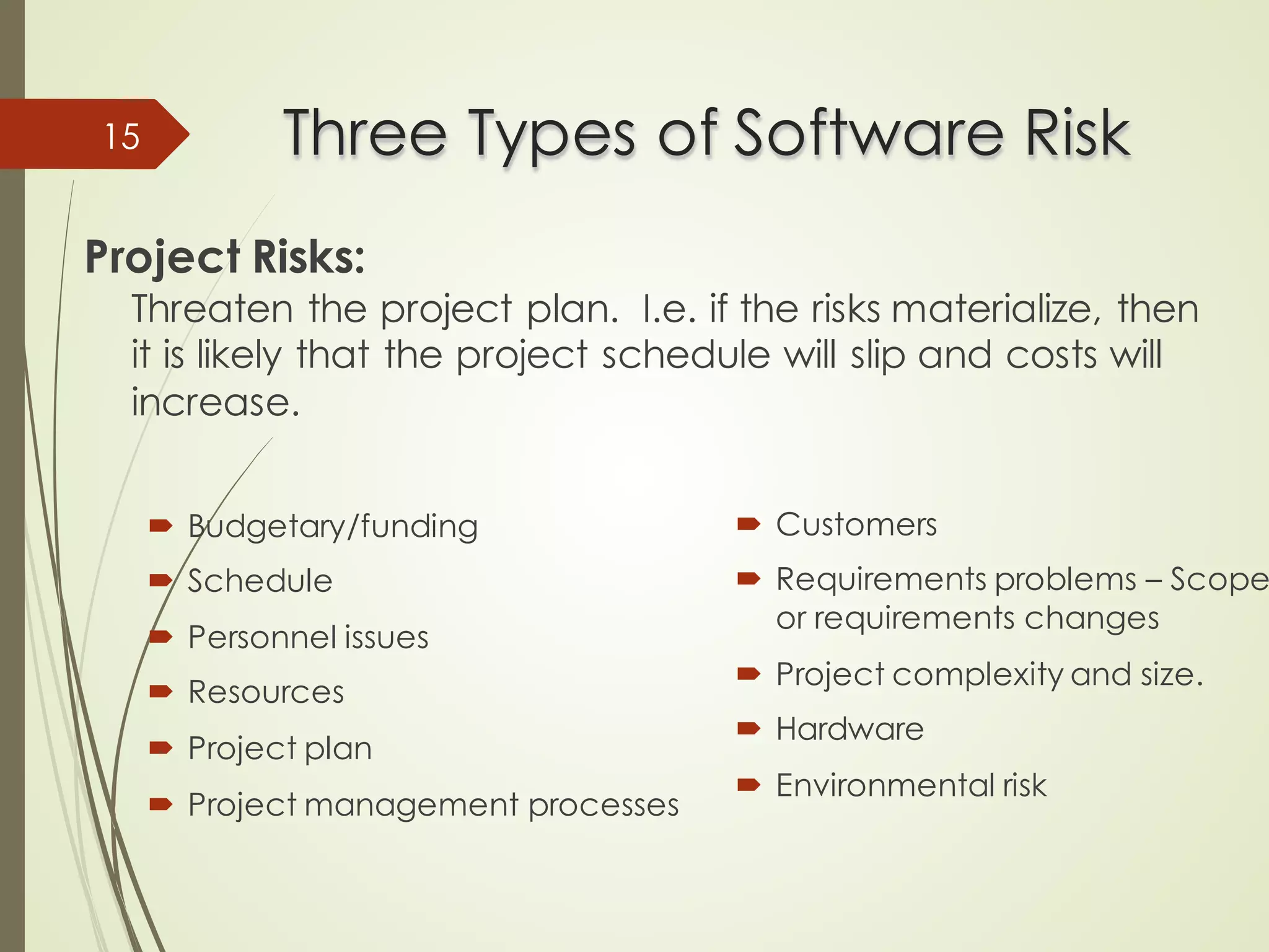 Three Types of Software Risk
Three Types of Software Risk
Project Risks:
Threaten the project plan. I.e. if the risks materialize, then
it is likely that the project schedule will slip and costs will
increase.
´ Budgetary/funding
´ Schedule
´ Personnel issues
´ Resources
´ Project plan
´ Project management processes
15
´ Customers
´ Requirements problems – Scope
or requirements changes
´ Project complexity and size.
´ Hardware
´ Environmental risk
 