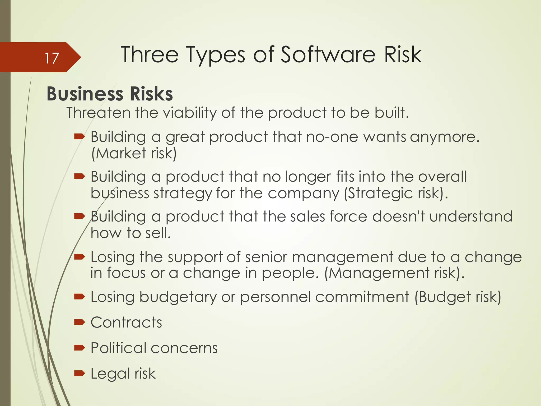 Three Types of Software Risk
Business Risks
Threaten the viability of the product to be built.
´ Building a great product that no-one wants anymore.
(Market risk)
´ Building a product that no longer fits into the overall
business strategy for the company (Strategic risk).
´ Building a product that the sales force doesn't understand
how to sell.
´ Losing the support of senior management due to a change
in focus or a change in people. (Management risk).
´ Losing budgetary or personnel commitment (Budget risk)
´ Contracts
´ Political concerns
´ Legal risk
17
 