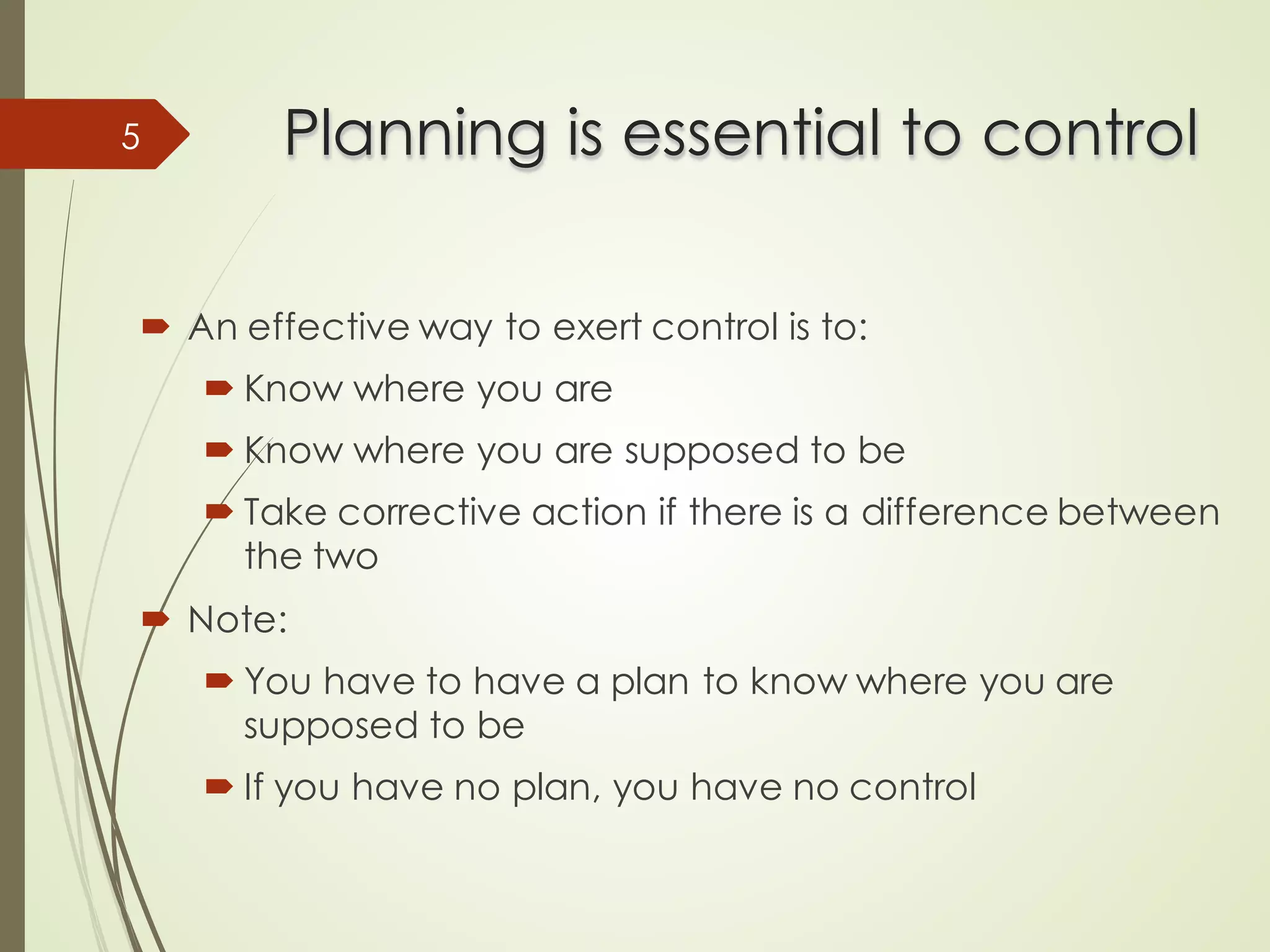 Planning is essential to control
Planning is essential to control
´ An effective way to exert control is to:
´ Know where you are
´ Know where you are supposed to be
´ Take corrective action if there is a difference between
the two
´ Note:
´ You have to have a plan to know where you are
supposed to be
´ If you have no plan, you have no control
5
 