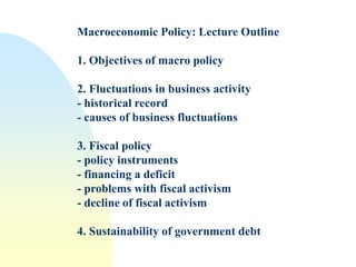 Macroeconomic Policy: Lecture Outline
1. Objectives of macro policy
2. Fluctuations in business activity
- historical record
- causes of business fluctuations
3. Fiscal policy
- policy instruments
- financing a deficit
- problems with fiscal activism
- decline of fiscal activism
4. Sustainability of government debt
 