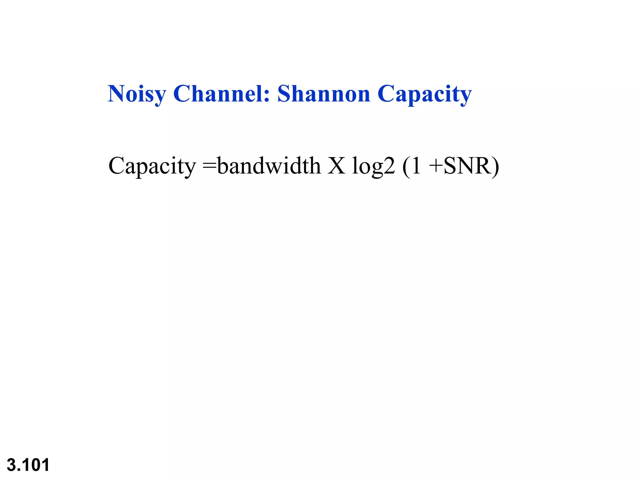 3.101
Noisy Channel: Shannon Capacity
Capacity =bandwidth X log2 (1 +SNR)
 