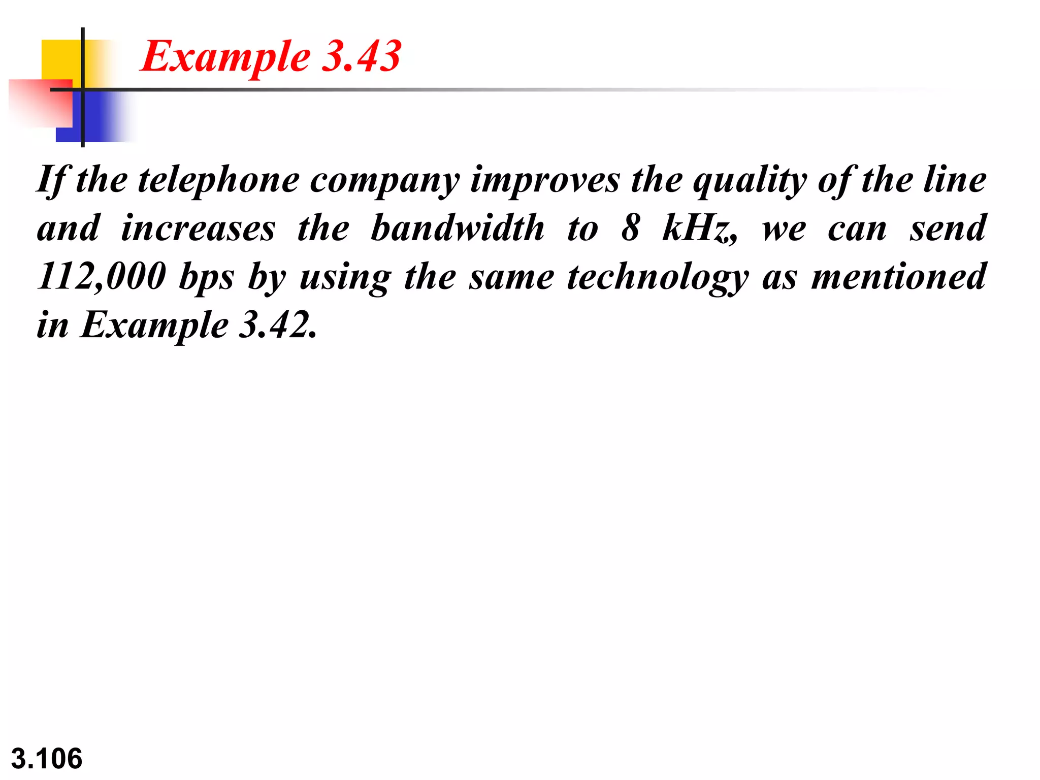3.106
If the telephone company improves the quality of the line
and increases the bandwidth to 8 kHz, we can send
112,000 bps by using the same technology as mentioned
in Example 3.42.
Example 3.43
 