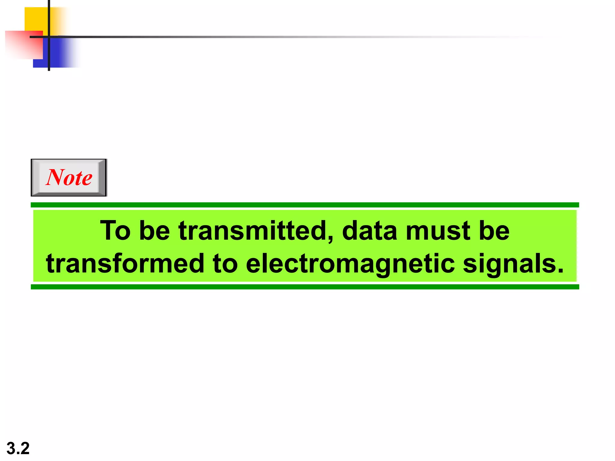 3.2
To be transmitted, data must be
transformed to electromagnetic signals.
Note
 