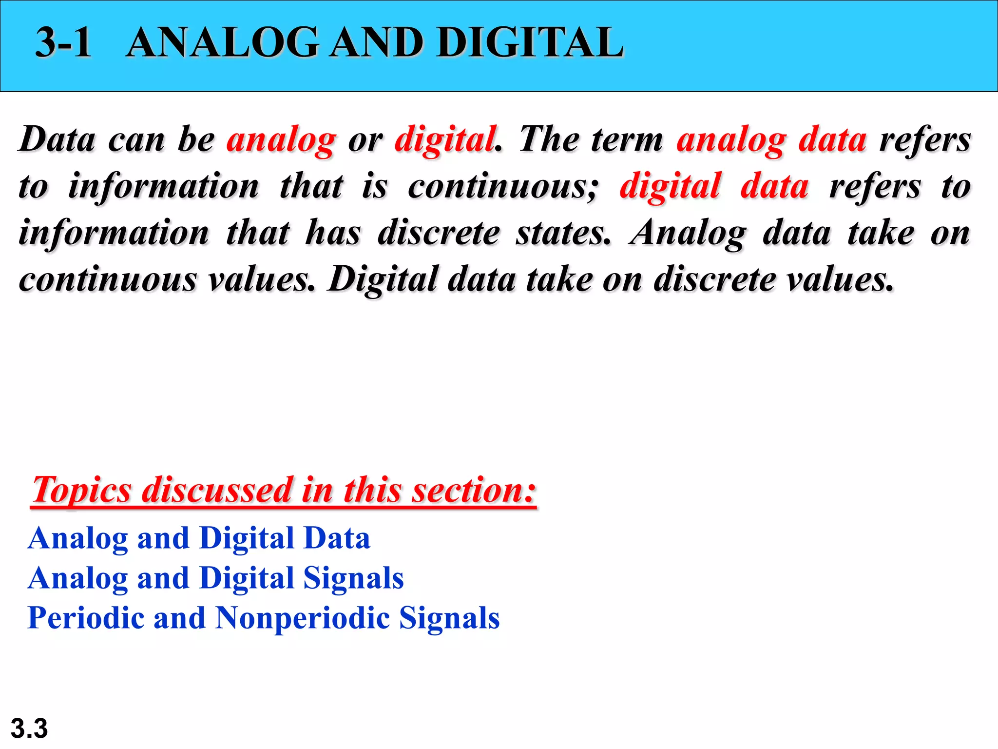 3.3
3-1 ANALOG AND DIGITAL
Data can be analog or digital. The term analog data refers
to information that is continuous; digital data refers to
information that has discrete states. Analog data take on
continuous values. Digital data take on discrete values.
Analog and Digital Data
Analog and Digital Signals
Periodic and Nonperiodic Signals
Topics discussed in this section:
 