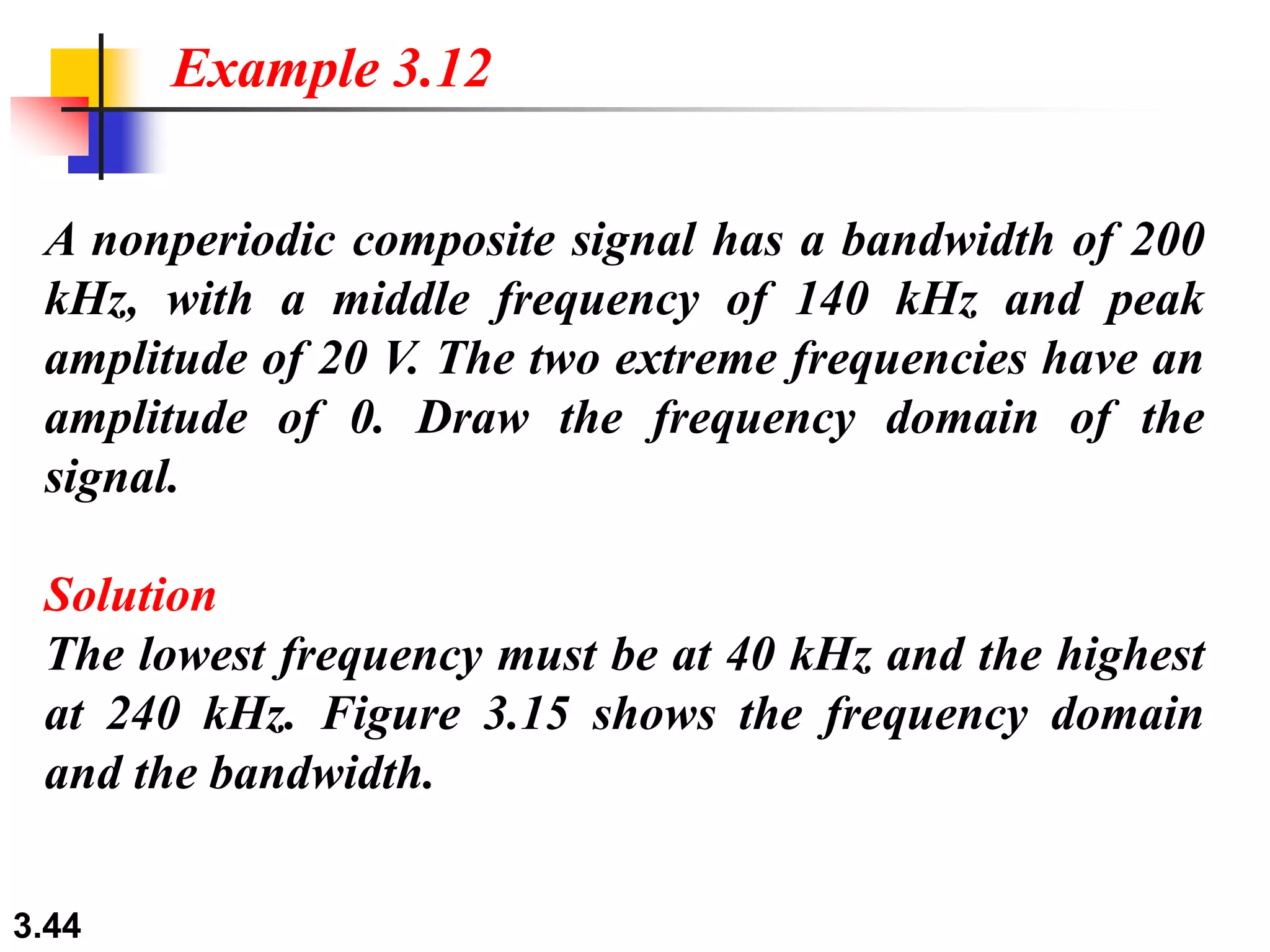 3.44
A nonperiodic composite signal has a bandwidth of 200
kHz, with a middle frequency of 140 kHz and peak
amplitude of 20 V. The two extreme frequencies have an
amplitude of 0. Draw the frequency domain of the
signal.
Solution
The lowest frequency must be at 40 kHz and the highest
at 240 kHz. Figure 3.15 shows the frequency domain
and the bandwidth.
Example 3.12
 