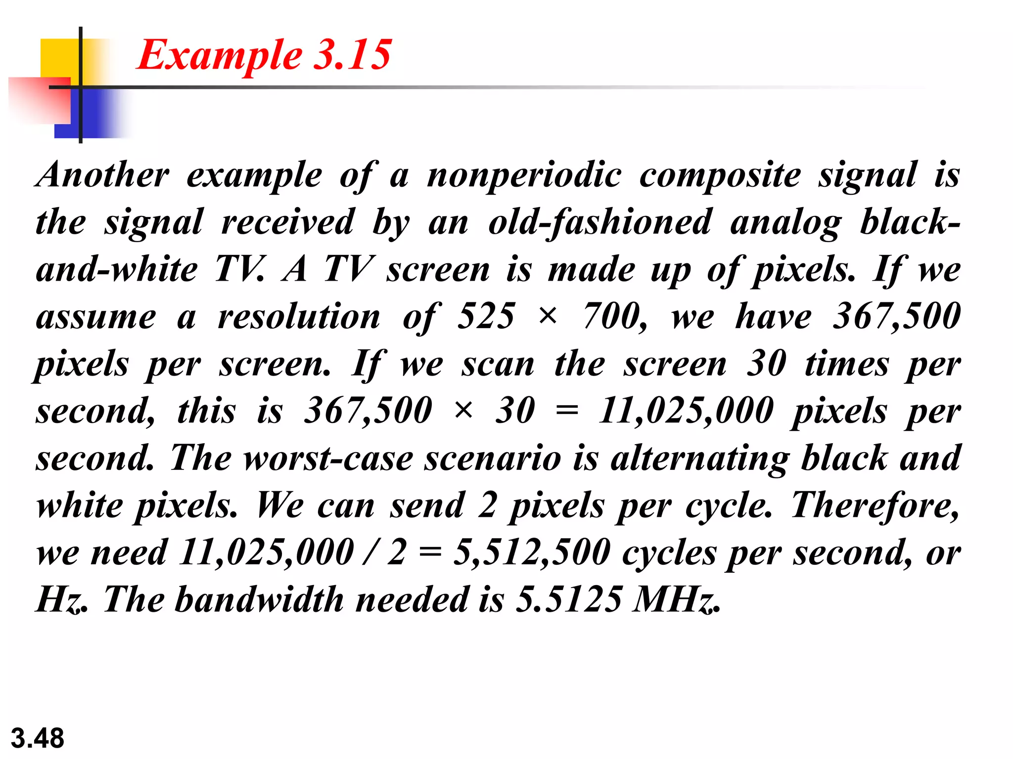 3.48
Another example of a nonperiodic composite signal is
the signal received by an old-fashioned analog black-
and-white TV. A TV screen is made up of pixels. If we
assume a resolution of 525 × 700, we have 367,500
pixels per screen. If we scan the screen 30 times per
second, this is 367,500 × 30 = 11,025,000 pixels per
second. The worst-case scenario is alternating black and
white pixels. We can send 2 pixels per cycle. Therefore,
we need 11,025,000 / 2 = 5,512,500 cycles per second, or
Hz. The bandwidth needed is 5.5125 MHz.
Example 3.15
 