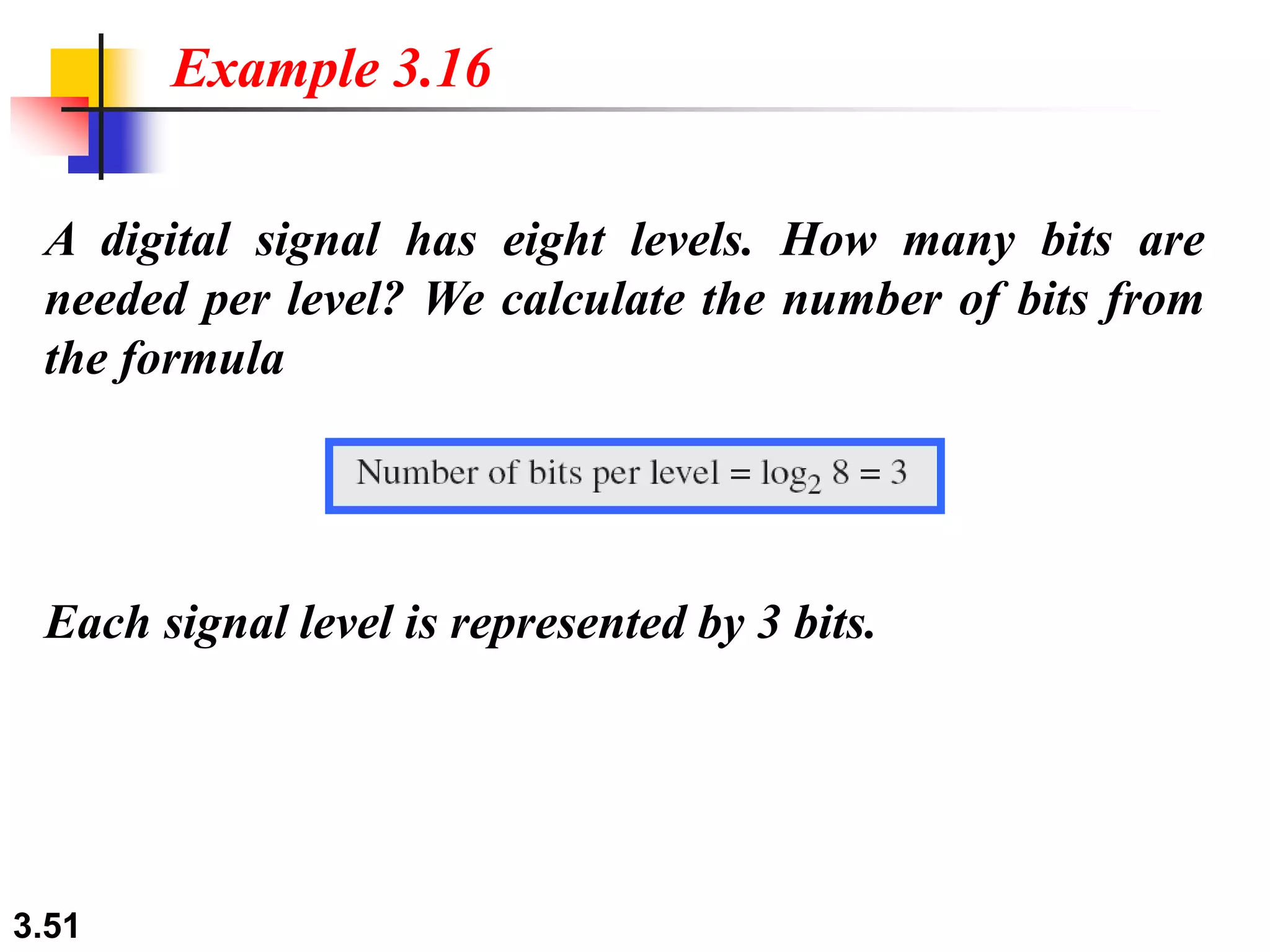 3.51
A digital signal has eight levels. How many bits are
needed per level? We calculate the number of bits from
the formula
Example 3.16
Each signal level is represented by 3 bits.
 