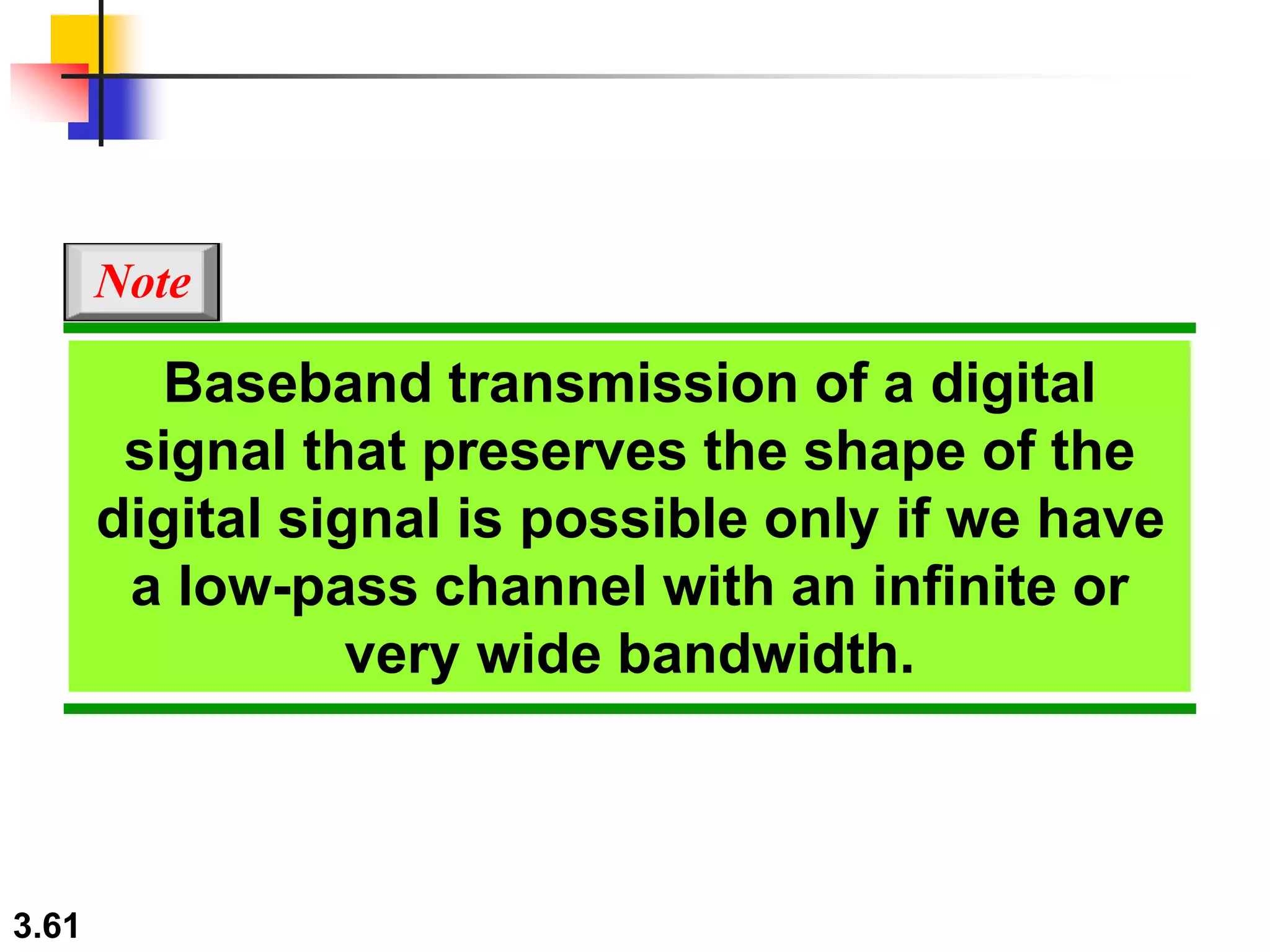 3.61
Baseband transmission of a digital
signal that preserves the shape of the
digital signal is possible only if we have
a low-pass channel with an infinite or
very wide bandwidth.
Note
 