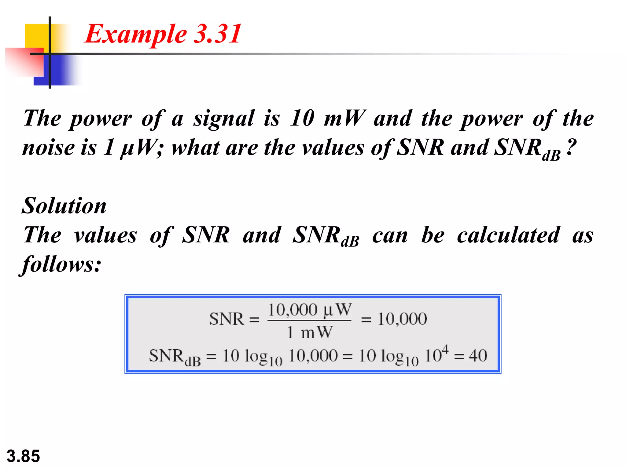 3.85
The power of a signal is 10 mW and the power of the
noise is 1 μW; what are the values of SNR and SNRdB ?
Solution
The values of SNR and SNRdB can be calculated as
follows:
Example 3.31
 