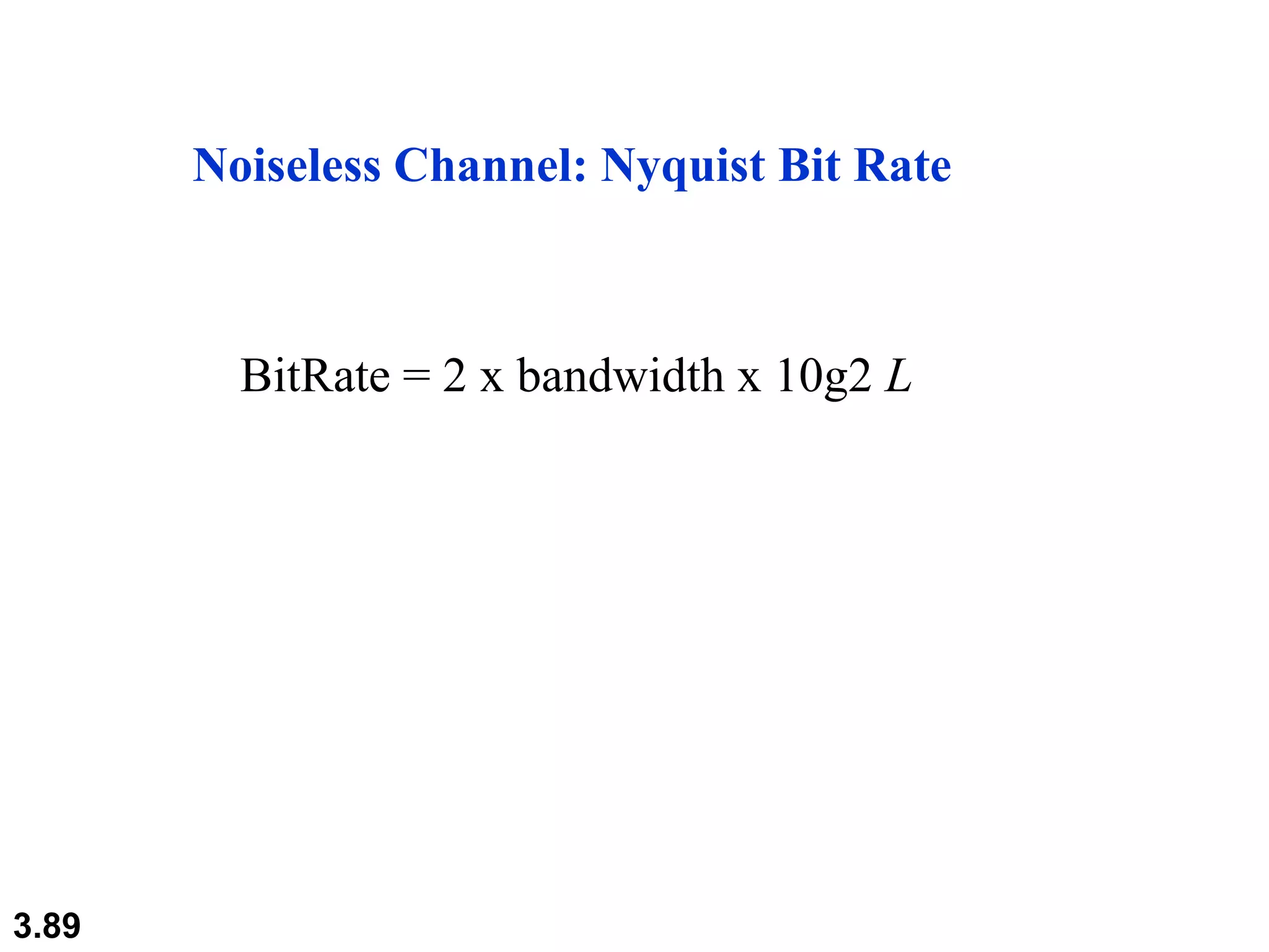 3.89
Noiseless Channel: Nyquist Bit Rate
BitRate = 2 x bandwidth x 10g2 L
 