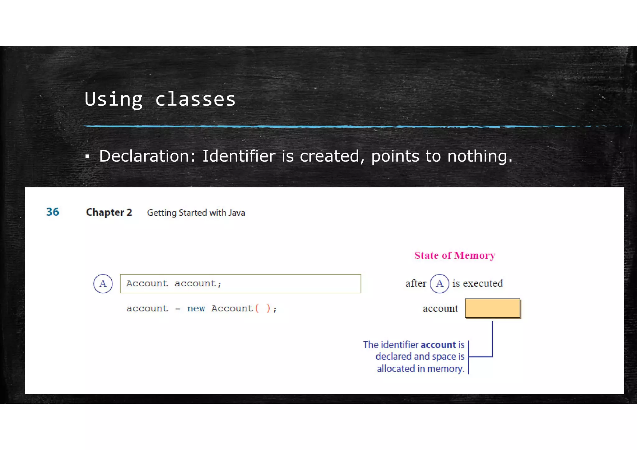 Using classes
▪ Declaration: Identifier is created, points to nothing.
 