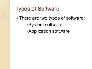 Types of Software
 There are two types of software:
System software
Application software
 