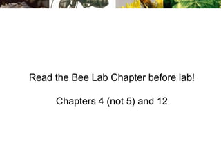 Read the Bee Lab Chapter before lab!
Chapters 4 (not 5) and 12
 
