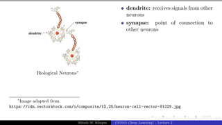 4/1
Biological Neurons∗
∗
Image adapted from
https://cdn.vectorstock.com/i/composite/12,25/neuron-cell-vector-81225.jpg
dendrite: receives signals from other
neurons
synapse: point of connection to
other neurons
Mitesh M. Khapra CS7015 (Deep Learning) : Lecture 2
 