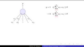23/1
x1 x2 .. .. xn
y
w1 w2 .. .. wn
y = 1 if
n
X
i=1
wi ∗ xi ≥ θ
= 0 if
n
X
i=1
wi ∗ xi < θ
Mitesh M. Khapra CS7015 (Deep Learning) : Lecture 2
 