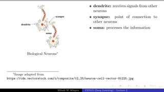 4/1
Biological Neurons∗
∗
Image adapted from
https://cdn.vectorstock.com/i/composite/12,25/neuron-cell-vector-81225.jpg
dendrite: receives signals from other
neurons
synapse: point of connection to
other neurons
soma: processes the information
Mitesh M. Khapra CS7015 (Deep Learning) : Lecture 2
 