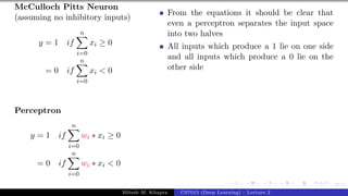 27/1
McCulloch Pitts Neuron
(assuming no inhibitory inputs)
y = 1 if
n
X
i=0
xi ≥ 0
= 0 if
n
X
i=0
xi < 0
Perceptron
y = 1 if
n
X
i=0
wi ∗ xi ≥ 0
= 0 if
n
X
i=0
wi ∗ xi < 0
From the equations it should be clear that
even a perceptron separates the input space
into two halves
All inputs which produce a 1 lie on one side
and all inputs which produce a 0 lie on the
other side
Mitesh M. Khapra CS7015 (Deep Learning) : Lecture 2
 