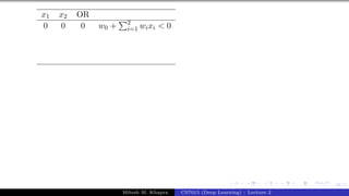 28/1
x1 x2 OR
0 0 0 w0 +
P2
i=1 wixi < 0
Mitesh M. Khapra CS7015 (Deep Learning) : Lecture 2
 