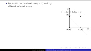 30/1
Let us fix the threshold (−w0 = 1) and try
different values of w1, w2
x1
x2
(0, 0)
(0, 1)
(1, 0)
(1, 1)
−1 + 1.1x1 + 1.1x2 = 0
Mitesh M. Khapra CS7015 (Deep Learning) : Lecture 2
 