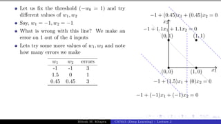 30/1
Let us fix the threshold (−w0 = 1) and try
different values of w1, w2
Say, w1 = −1, w2 = −1
What is wrong with this line? We make an
error on 1 out of the 4 inputs
Lets try some more values of w1, w2 and note
how many errors we make
w1 w2 errors
-1 -1 3
1.5 0 1
0.45 0.45 3
x1
x2
(0, 0)
(0, 1)
(1, 0)
(1, 1)
−1 + 1.1x1 + 1.1x2 = 0
−1 + (−1)x1 + (−1)x2 = 0
−1 + (1.5)x1 + (0)x2 = 0
−1 + (0.45)x1 + (0.45)x2 = 0
Mitesh M. Khapra CS7015 (Deep Learning) : Lecture 2
 