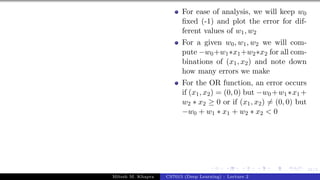 31/1
For ease of analysis, we will keep w0
fixed (-1) and plot the error for dif-
ferent values of w1, w2
For a given w0, w1, w2 we will com-
pute −w0+w1∗x1+w2∗x2 for all com-
binations of (x1, x2) and note down
how many errors we make
For the OR function, an error occurs
if (x1, x2) = (0, 0) but −w0 +w1 ∗x1 +
w2 ∗ x2 ≥ 0 or if (x1, x2) 6= (0, 0) but
−w0 + w1 ∗ x1 + w2 ∗ x2 < 0
Mitesh M. Khapra CS7015 (Deep Learning) : Lecture 2
 