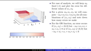 31/1
For ease of analysis, we will keep w0
fixed (-1) and plot the error for dif-
ferent values of w1, w2
For a given w0, w1, w2 we will com-
pute −w0+w1∗x1+w2∗x2 for all com-
binations of (x1, x2) and note down
how many errors we make
For the OR function, an error occurs
if (x1, x2) = (0, 0) but −w0 +w1 ∗x1 +
w2 ∗ x2 ≥ 0 or if (x1, x2) 6= (0, 0) but
−w0 + w1 ∗ x1 + w2 ∗ x2 < 0
Mitesh M. Khapra CS7015 (Deep Learning) : Lecture 2
 