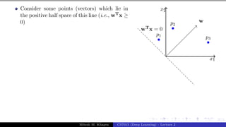 37/1
Consider some points (vectors) which lie in
the positive half space of this line (i.e., wTx ≥
0)
x1
x2
p1
p2
p3
w
wTx = 0
Mitesh M. Khapra CS7015 (Deep Learning) : Lecture 2
 