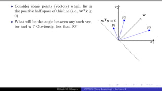 37/1
Consider some points (vectors) which lie in
the positive half space of this line (i.e., wTx ≥
0)
What will be the angle between any such vec-
tor and w ? Obviously, less than 90◦
x1
x2
p1
p2
p3
w
wTx = 0
Mitesh M. Khapra CS7015 (Deep Learning) : Lecture 2
 
