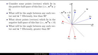 37/1
Consider some points (vectors) which lie in
the positive half space of this line (i.e., wTx ≥
0)
What will be the angle between any such vec-
tor and w ? Obviously, less than 90◦
What about points (vectors) which lie in the
negative half space of this line (i.e., wTx < 0)
What will be the angle between any such vec-
tor and w ? Obviously, greater than 90◦
x1
x2
p1
p2
p3
n1
n2 n3
w
wTx = 0
Mitesh M. Khapra CS7015 (Deep Learning) : Lecture 2
 