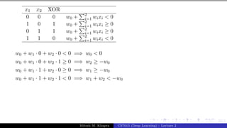 52/1
x1 x2 XOR
0 0 0 w0 +
P2
i=1 wixi < 0
1 0 1 w0 +
P2
i=1 wixi ≥ 0
0 1 1 w0 +
P2
i=1 wixi ≥ 0
1 1 0 w0 +
P2
i=1 wixi < 0
w0 + w1 · 0 + w2 · 0 < 0 =⇒ w0 < 0
w0 + w1 · 0 + w2 · 1 ≥ 0 =⇒ w2 ≥ −w0
w0 + w1 · 1 + w2 · 0 ≥ 0 =⇒ w1 ≥ −w0
w0 + w1 · 1 + w2 · 1 < 0 =⇒ w1 + w2 < −w0
Mitesh M. Khapra CS7015 (Deep Learning) : Lecture 2
 