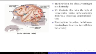 8/1
The neurons in the brain are arranged
in a hierarchy
We illustrate this with the help of
visual cortex (part of the brain) which
deals with processing visual informa-
tion
Starting from the retina, the informa-
tion is relayed to several layers (follow
the arrows)
Mitesh M. Khapra CS7015 (Deep Learning) : Lecture 2
 