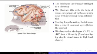 8/1
The neurons in the brain are arranged
in a hierarchy
We illustrate this with the help of
visual cortex (part of the brain) which
deals with processing visual informa-
tion
Starting from the retina, the informa-
tion is relayed to several layers (follow
the arrows)
We observe that the layers V 1, V 2 to
AIT form a hierarchy (from identify-
ing simple visual forms to high level
objects)
Mitesh M. Khapra CS7015 (Deep Learning) : Lecture 2
 