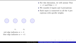 58/1
x1 x2
red edge indicates w = -1
blue edge indicates w = +1
For this discussion, we will assume True
= +1 and False = -1
We consider 2 inputs and 4 perceptrons
Each input is connected to all the 4 per-
ceptrons with specific weights
Mitesh M. Khapra CS7015 (Deep Learning) : Lecture 2
 