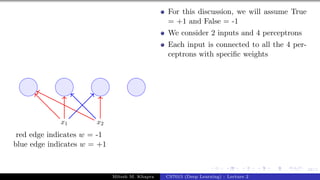58/1
x1 x2
red edge indicates w = -1
blue edge indicates w = +1
For this discussion, we will assume True
= +1 and False = -1
We consider 2 inputs and 4 perceptrons
Each input is connected to all the 4 per-
ceptrons with specific weights
Mitesh M. Khapra CS7015 (Deep Learning) : Lecture 2
 