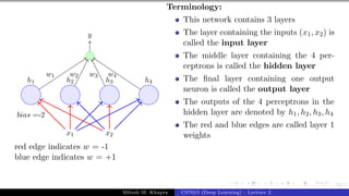 59/1
x1 x2
h1 h2 h3 h4
bias =-2
y
w1 w2 w3 w4
red edge indicates w = -1
blue edge indicates w = +1
Terminology:
This network contains 3 layers
The layer containing the inputs (x1, x2) is
called the input layer
The middle layer containing the 4 per-
ceptrons is called the hidden layer
The final layer containing one output
neuron is called the output layer
The outputs of the 4 perceptrons in the
hidden layer are denoted by h1, h2, h3, h4
The red and blue edges are called layer 1
weights
Mitesh M. Khapra CS7015 (Deep Learning) : Lecture 2
 