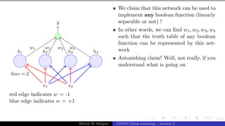 60/1
x1 x2
h1 h2 h3 h4
bias =-2
y
w1 w2 w3 w4
red edge indicates w = -1
blue edge indicates w = +1
We claim that this network can be used to
implement any boolean function (linearly
separable or not) !
In other words, we can find w1, w2, w3, w4
such that the truth table of any boolean
function can be represented by this net-
work
Astonishing claim! Well, not really, if you
understand what is going on
Mitesh M. Khapra CS7015 (Deep Learning) : Lecture 2
 