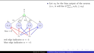 61/1
x1 x2
h1 h2 h3 h4
-1,-1 -1,1 1,-1 1,1
bias =-2
y
w1 w2 w3 w4
red edge indicates w = -1
blue edge indicates w = +1
Let w0 be the bias output of the neuron
(i.e., it will fire if
P4
i=1 wihi ≥ w0)
Mitesh M. Khapra CS7015 (Deep Learning) : Lecture 2
 