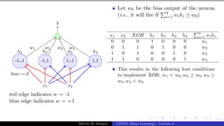 61/1
x1 x2
h1 h2 h3 h4
-1,-1 -1,1 1,-1 1,1
bias =-2
y
w1 w2 w3 w4
red edge indicates w = -1
blue edge indicates w = +1
Let w0 be the bias output of the neuron
(i.e., it will fire if
P4
i=1 wihi ≥ w0)
x1 x2 XOR h1 h2 h3 h4
P4
i=1 wihi
0 0 0 1 0 0 0 w1
0 1 1 0 1 0 0 w2
1 0 1 0 0 1 0 w3
1 1 0 0 0 0 1 w4
This results in the following four conditions
to implement XOR: w1 < w0, w2 ≥ w0, w3 ≥
w0, w4 < w0
Mitesh M. Khapra CS7015 (Deep Learning) : Lecture 2
 