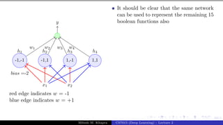 62/1
x1 x2
h1 h2 h3 h4
-1,-1 -1,1 1,-1 1,1
bias =-2
y
w1 w2 w3 w4
red edge indicates w = -1
blue edge indicates w = +1
It should be clear that the same network
can be used to represent the remaining 15
boolean functions also
Mitesh M. Khapra CS7015 (Deep Learning) : Lecture 2
 