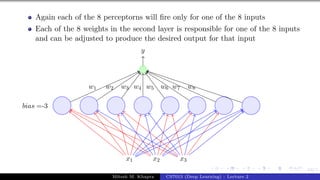 64/1
Again each of the 8 perceptorns will fire only for one of the 8 inputs
Each of the 8 weights in the second layer is responsible for one of the 8 inputs
and can be adjusted to produce the desired output for that input
x1 x2 x3
bias =-3
y
w1 w2 w3 w4 w5 w6 w7 w8
Mitesh M. Khapra CS7015 (Deep Learning) : Lecture 2
 