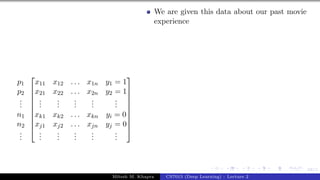 68/1
p1
p2
.
.
.
n1
n2
.
.
.










x11 x12 . . . x1n y1 = 1
x21 x22 . . . x2n y2 = 1
.
.
.
.
.
.
.
.
.
.
.
.
.
.
.
xk1 xk2 . . . xkn yi = 0
xj1 xj2 . . . xjn yj = 0
.
.
.
.
.
.
.
.
.
.
.
.
.
.
.










We are given this data about our past movie
experience
Mitesh M. Khapra CS7015 (Deep Learning) : Lecture 2
 