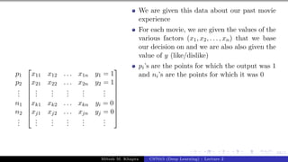 68/1
p1
p2
.
.
.
n1
n2
.
.
.










x11 x12 . . . x1n y1 = 1
x21 x22 . . . x2n y2 = 1
.
.
.
.
.
.
.
.
.
.
.
.
.
.
.
xk1 xk2 . . . xkn yi = 0
xj1 xj2 . . . xjn yj = 0
.
.
.
.
.
.
.
.
.
.
.
.
.
.
.










We are given this data about our past movie
experience
For each movie, we are given the values of the
various factors (x1, x2, . . . , xn) that we base
our decision on and we are also also given the
value of y (like/dislike)
pi’s are the points for which the output was 1
and ni’s are the points for which it was 0
Mitesh M. Khapra CS7015 (Deep Learning) : Lecture 2
 