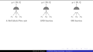 14/1
x1 x2 x3
y ∈ {0, 1}
θ
A McCulloch Pitts unit
x1 x2 x3
y ∈ {0, 1}
3
AND function
x1 x2 x3
y ∈ {0, 1}
OR function
Mitesh M. Khapra CS7015 (Deep Learning) : Lecture 2
 