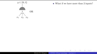 18/1
x1 x2 x3
y ∈ {0, 1}
OR
1
What if we have more than 2 inputs?
Mitesh M. Khapra CS7015 (Deep Learning) : Lecture 2
 